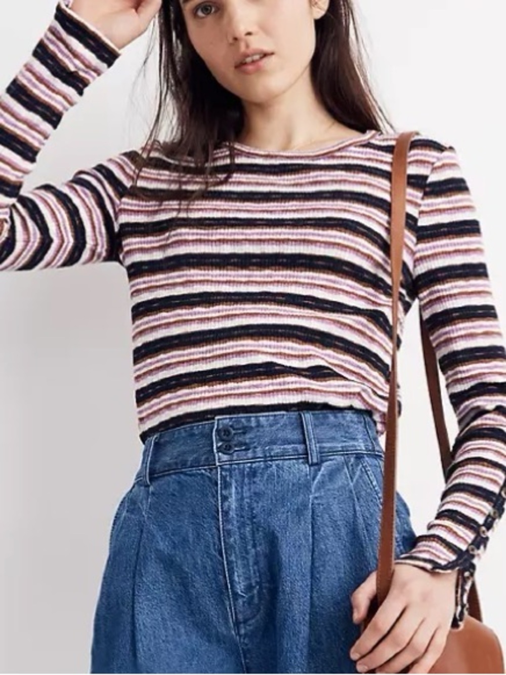 Madewell Striped Ribbed Long-Sleeve Top in Pink, Black and Cream